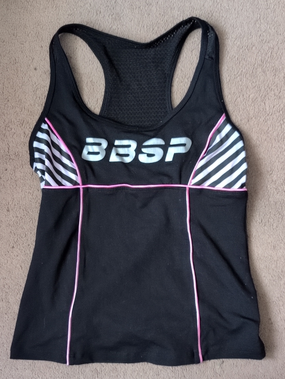 bebe Black Racerback Tank with Pink Piping and White Stripes